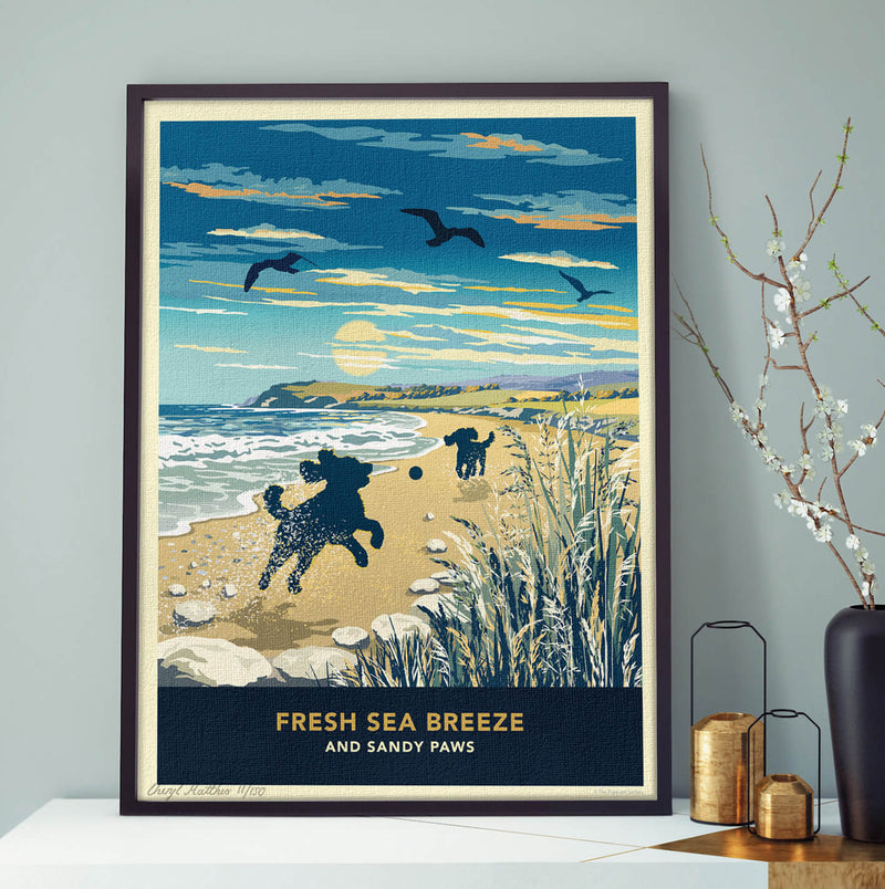 Limited Edition Beach Print of Two Cockapoos Playing - A Dog Lovers Gift.