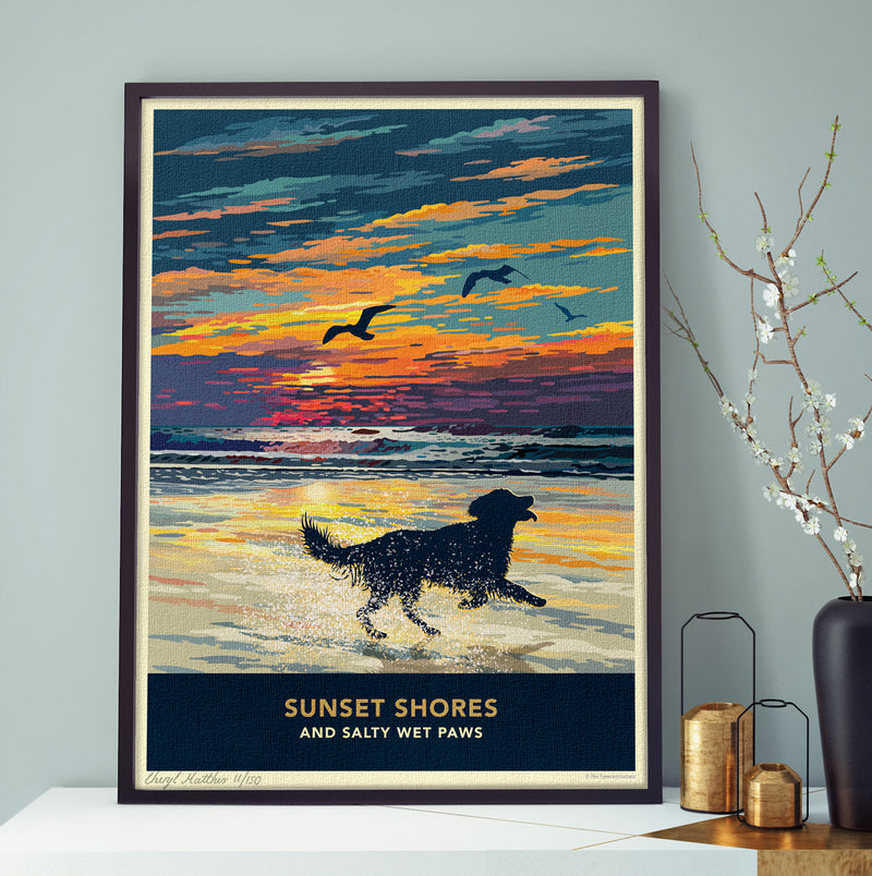 Golden Retriever or Flat Coated Retriever Sunset Beach Print - A Limited Edition Dog Lover’s Gift.