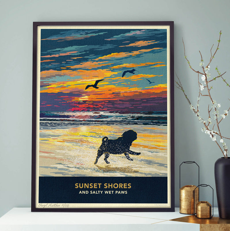 Pug Sunset Beach Print - A Limited Edition Dog Lover’s Gift.
