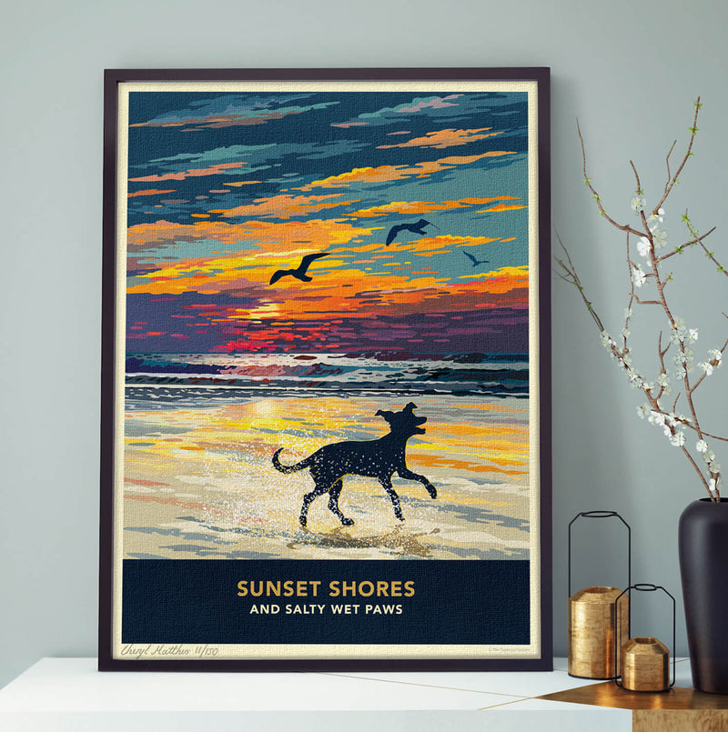 Whippet or Greyhound Sunset Beach Print - A Limited Edition Dog Lover’s Gift.
