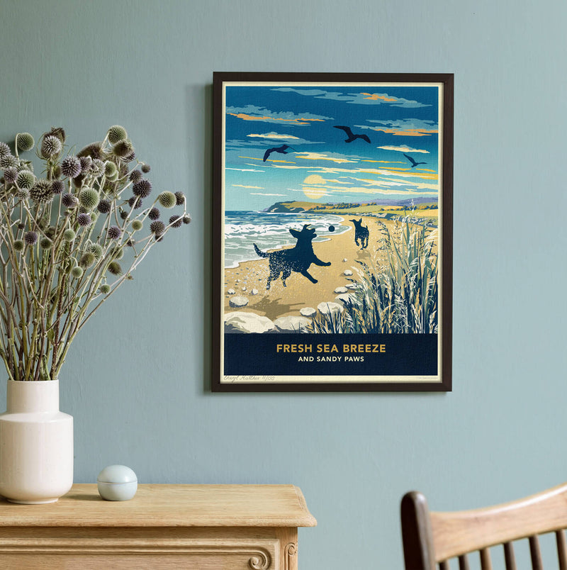 Limited Edition Beach Print of Two Labradors Playing - A Dog Lovers Gift.