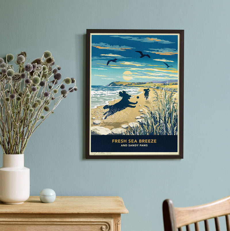 Limited Edition Beach Print of Two Spaniels Playing - A Dog Lovers Gift.