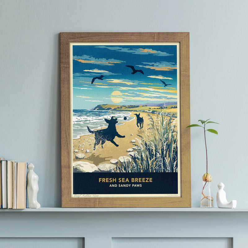 Limited Edition Beach Print of Two Labradors Playing - A Dog Lovers Gift.