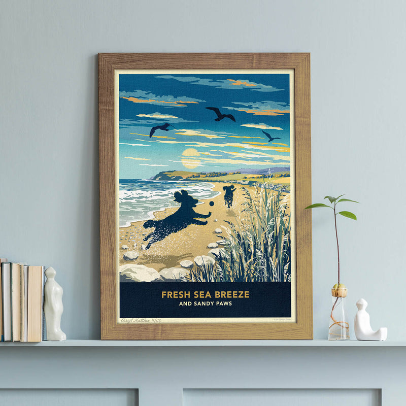 Limited Edition Beach Print of Two Spaniels Playing - A Dog Lovers Gift.