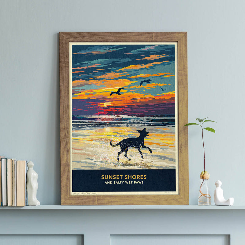 Whippet or Greyhound Sunset Beach Print - A Limited Edition Dog Lover’s Gift.