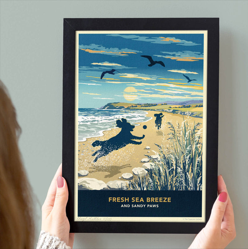 Limited Edition Beach Print of Two Spaniels Playing - A Dog Lovers Gift.