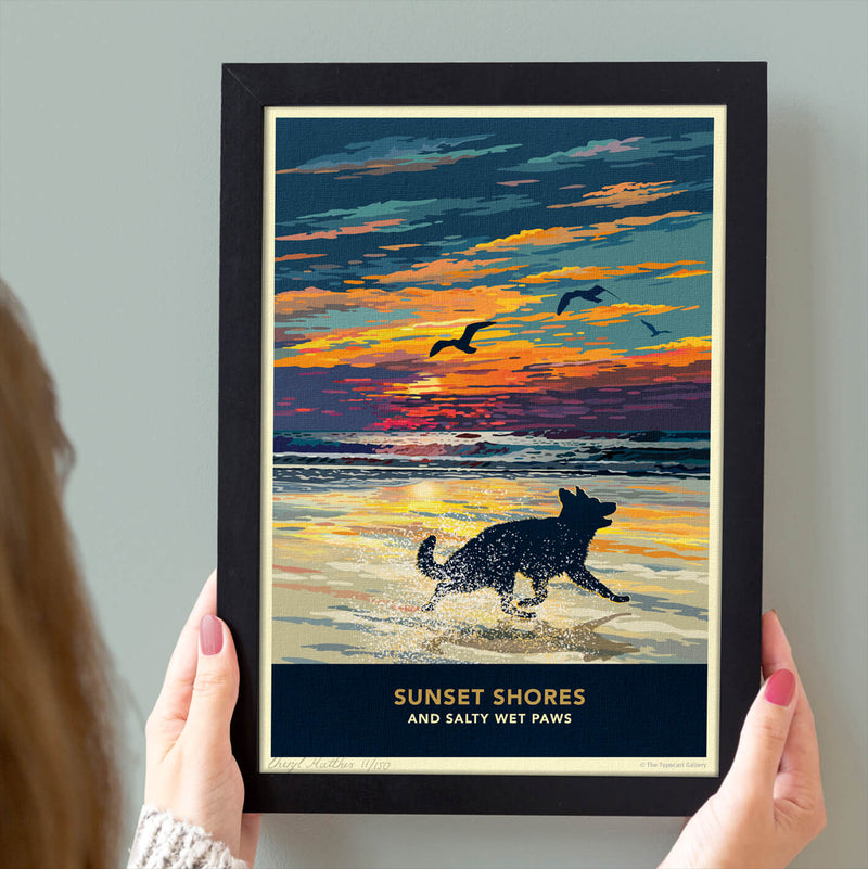 German Shepherd Sunset Beach Print - A Limited Edition Alsatian Dog Lover’s Gift.