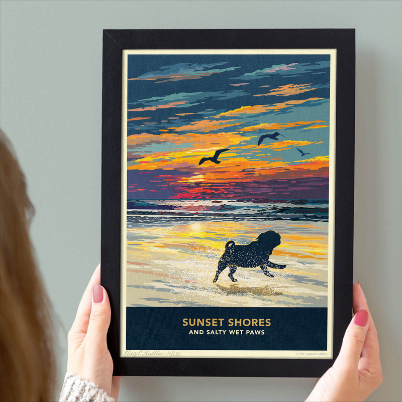 Pug Sunset Beach Print - A Limited Edition Dog Lover’s Gift.