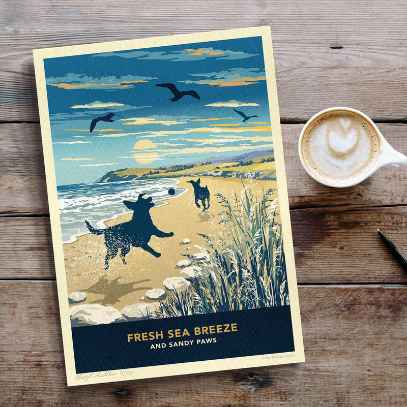 Limited Edition Beach Print of Two Labradors Playing - A Dog Lovers Gift.