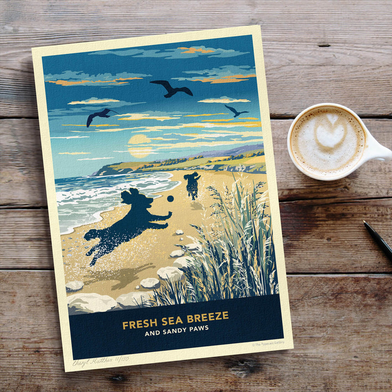 Limited Edition Beach Print of Two Spaniels Playing - A Dog Lovers Gift.
