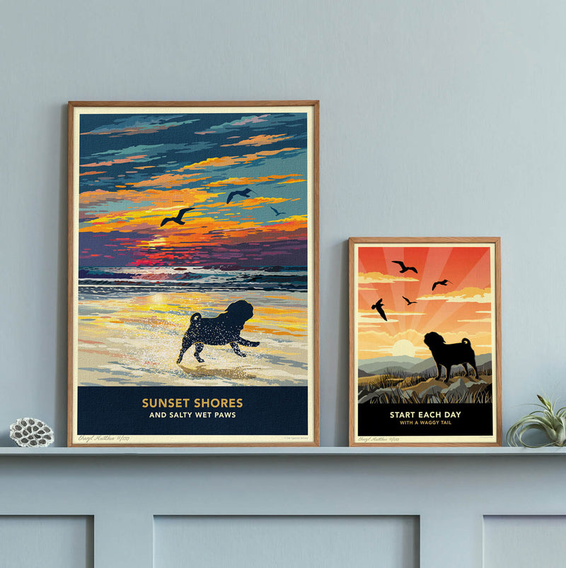 Pug Sunset Beach Print - A Limited Edition Dog Lover’s Gift.
