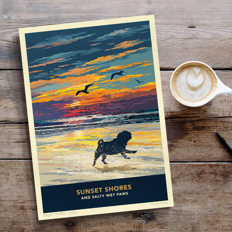 Pug Sunset Beach Print - A Limited Edition Dog Lover’s Gift.
