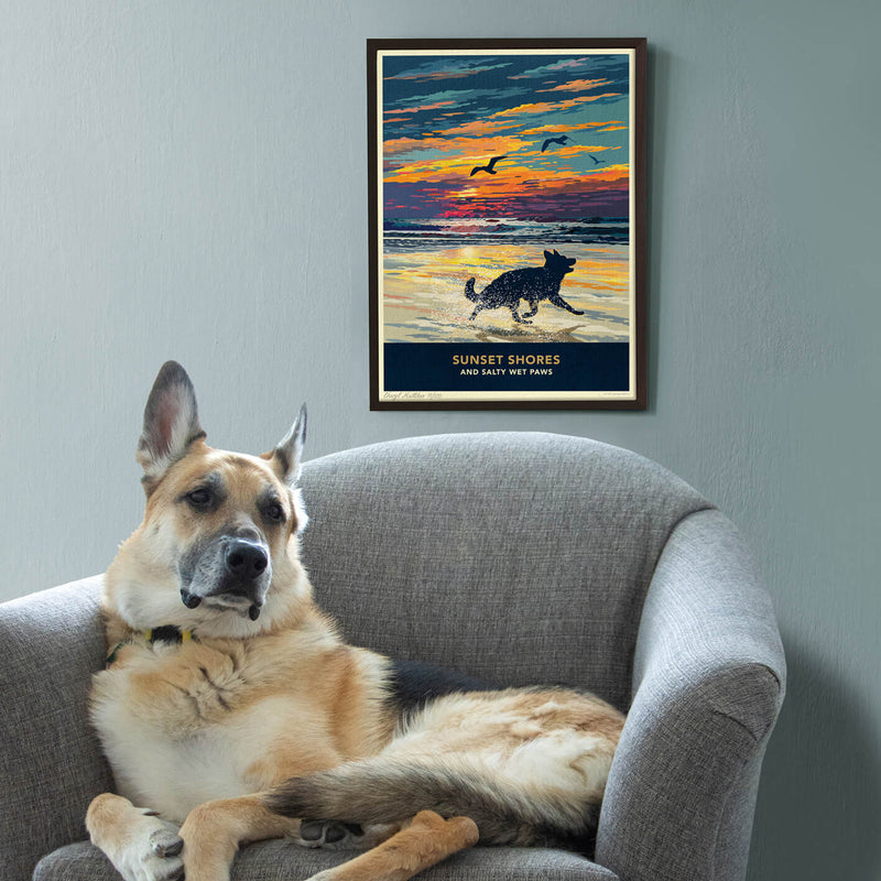 German Shepherd Sunset Beach Print - A Limited Edition Alsatian Dog Lover’s Gift.