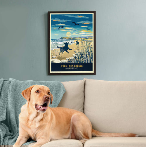 Limited Edition Beach Print of Two Labradors Playing - A Dog Lovers Gift.