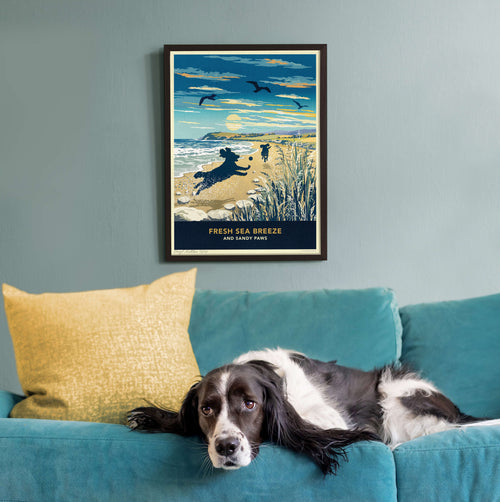 Limited Edition Beach Print of Two Spaniels Playing - A Dog Lovers Gift.
